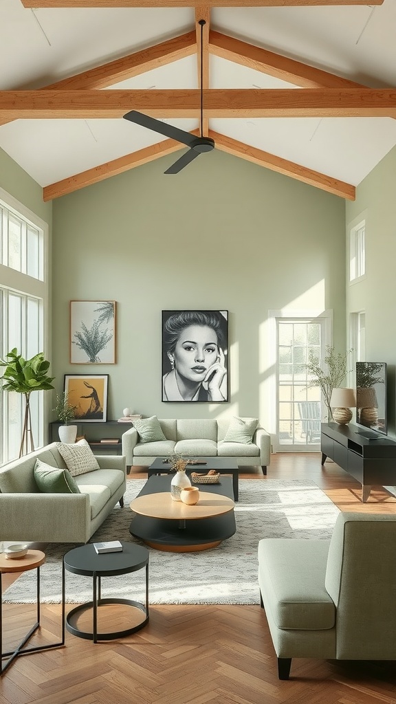 Open concept living room featuring sage green walls, wooden beams, and light furniture.