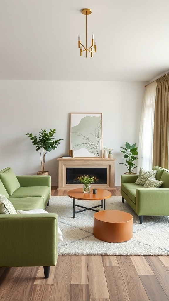 Cozy living room with sage green furniture and warm wood accents