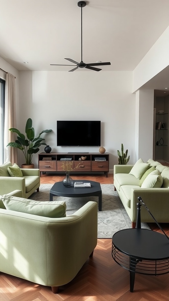 Cozy living room featuring sage green sofas, a black coffee table, and plants.