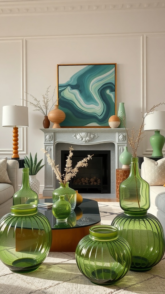 A living room featuring sage green glass decor including various vases, a modern coffee table, and art on the wall.