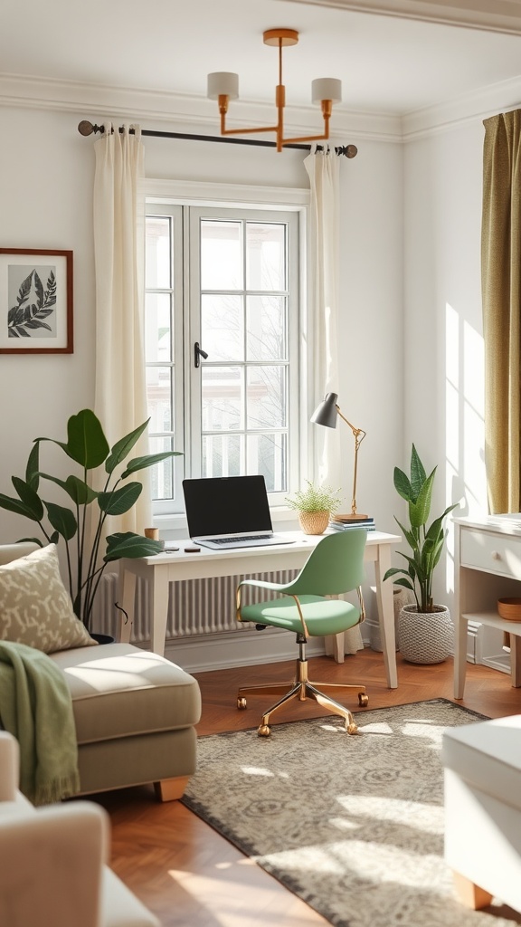 A cozy sage green home office corner with a desk, chair, plants, and natural light.