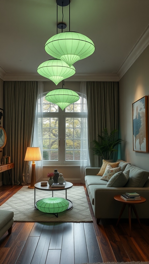 A cozy living room featuring sage green pendant lights and a neutral color palette.