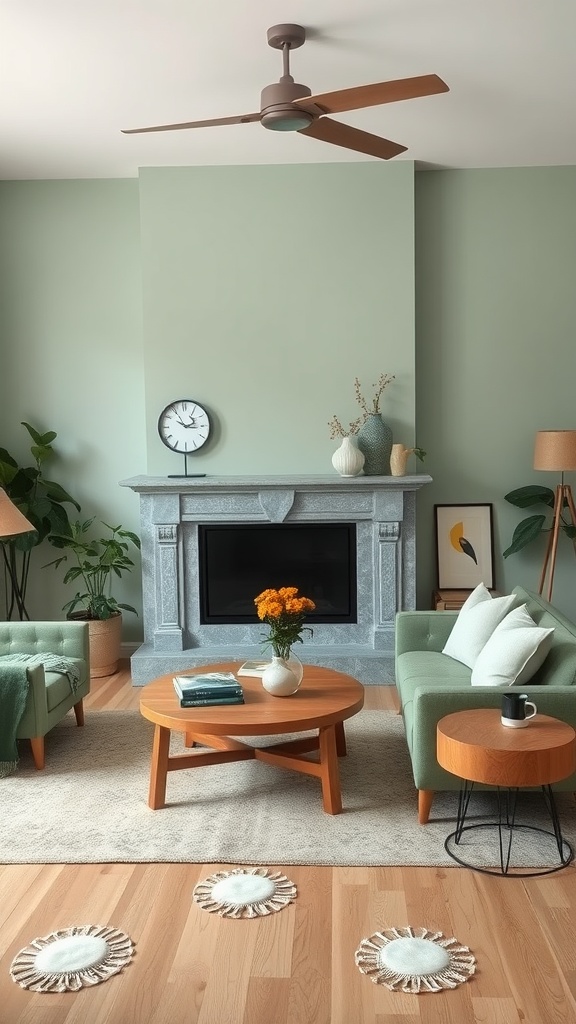 A cozy sage green living room with a central coffee table, green sofas, and a decorative fireplace.