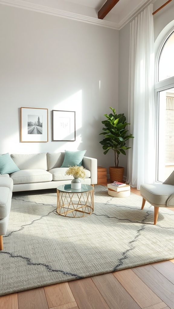 A stylish living room featuring a sage green rug, light gray sofa, and natural lighting.