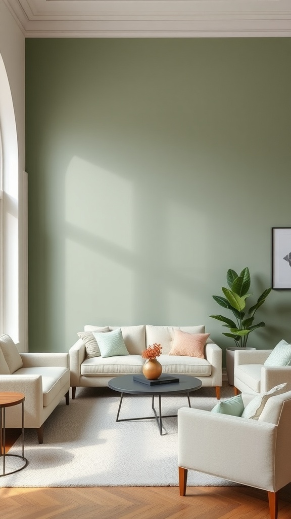 Living room with a sage green accent wall, light-colored furniture, and a plant