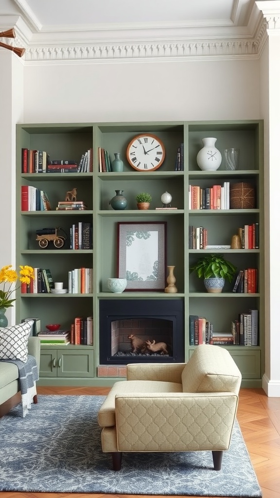 A living room featuring a sage green shelving unit filled with books and decorative items.