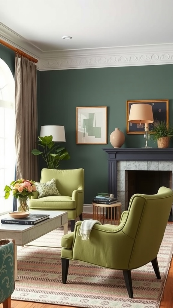 Sage green living room with stylish chairs and warm decor