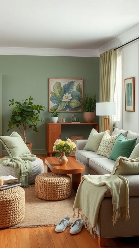 A sage green living room featuring soft textiles, including throw blankets and decorative pillows, creating a cozy atmosphere.