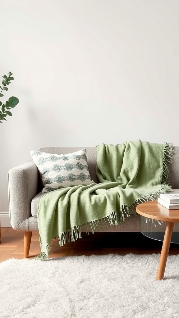 A sage green throw blanket draped over a light-colored couch, with a patterned pillow and a coffee table in a cozy living room setting.