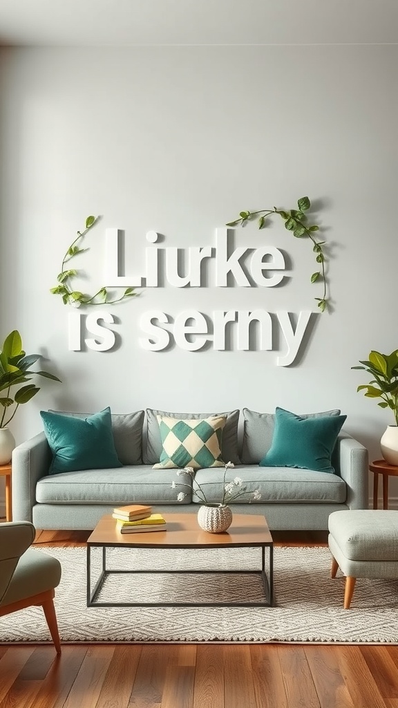 A contemporary living room with sage green walls, featuring white letters and plants.