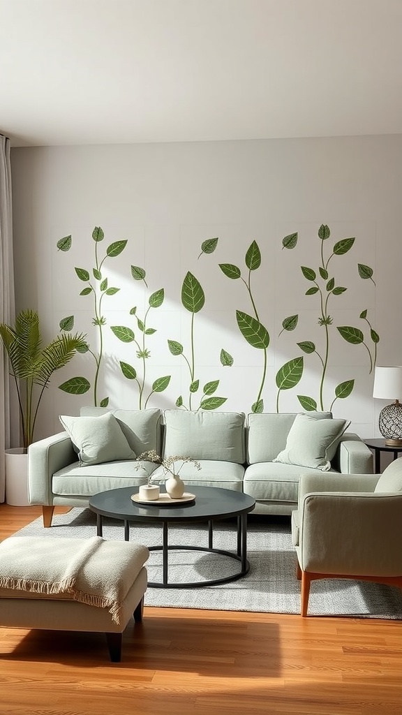 A cozy living room featuring sage green wall decals of leaves, a sage green sofa, and wooden flooring.