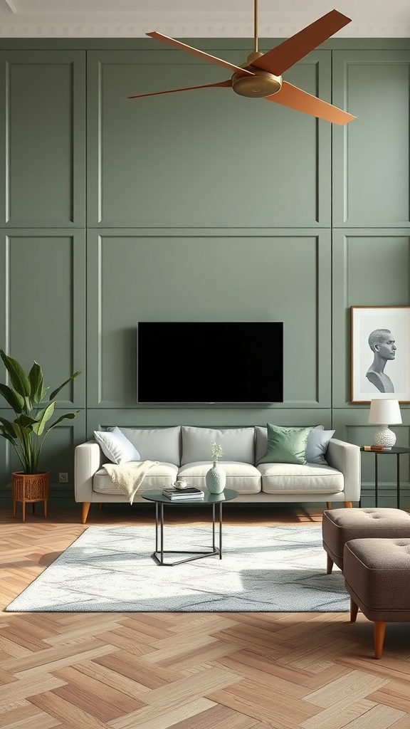 A living room featuring sage green wall panels, a light sofa, wooden flooring, and modern decor elements.