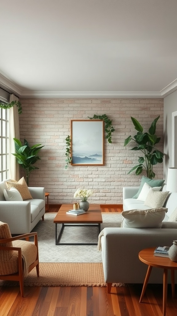 A cozy living room featuring sage green accents with natural textures, including a brick wall and plants.