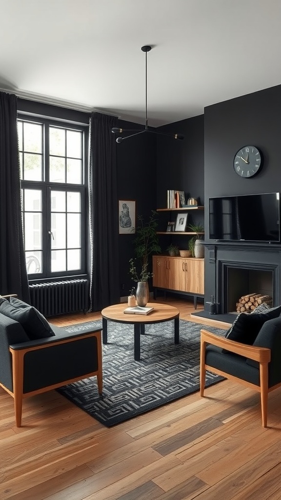 A Scandinavian-style living room featuring black walls, natural wood furniture, and a cozy layout.