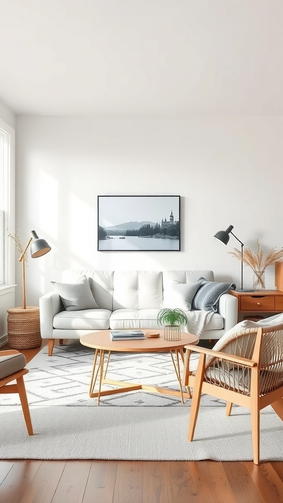 A stylish Scandinavian living room featuring a white leather sofa, wooden furniture, and minimal decor.