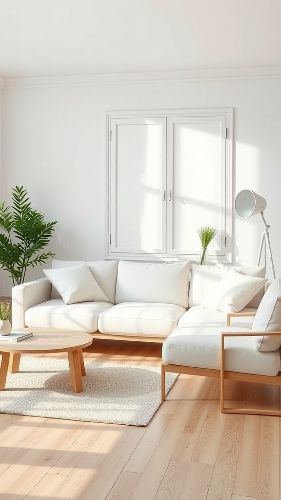 Scandinavian design living room with a white couch, light wood flooring, and natural light.