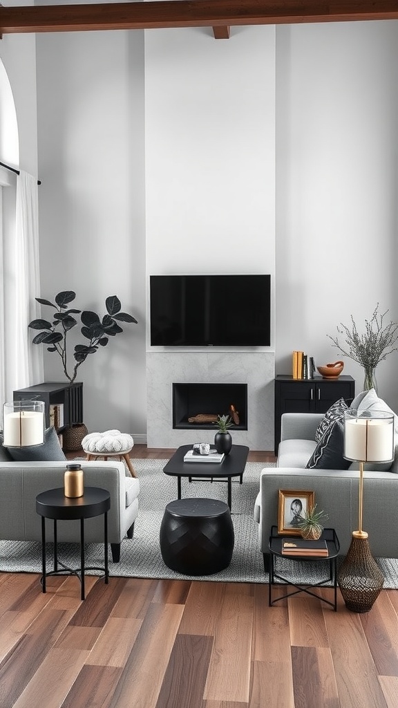 A modern Scandinavian living room featuring grey sofas, black tables, and natural elements.