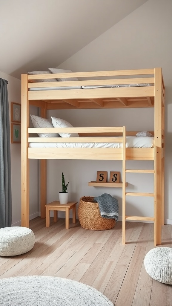 A Scandinavian inspired loft bed with a natural wood finish, featuring a cozy layout underneath.