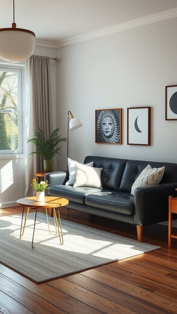 A Scandinavian inspired living room with a black leather couch, wooden floor, and light walls.