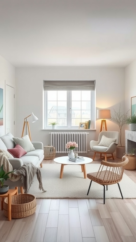 A bright and airy Scandinavian minimalistic living room with neutral tones and natural materials.