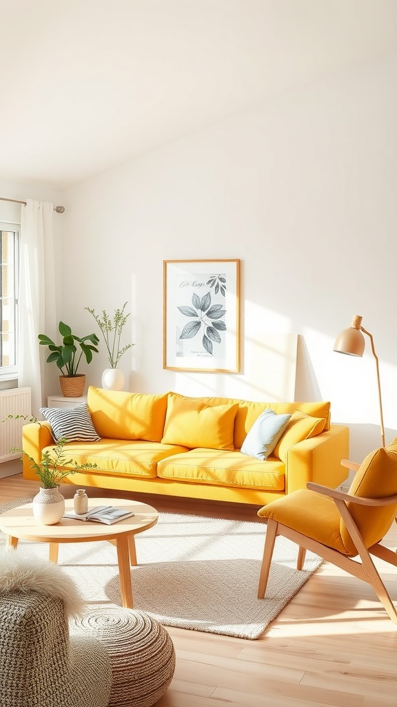 A bright living room featuring a mustard yellow sofa, light wooden furniture, and plants.