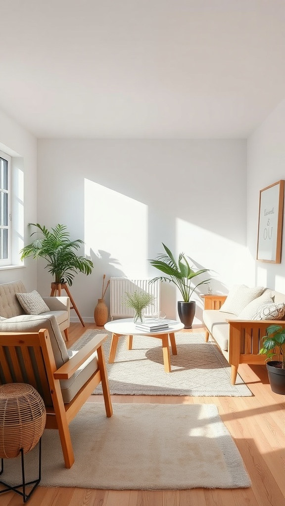 A bright Scandinavian-style living room featuring wooden furniture, natural textures, and indoor plants.