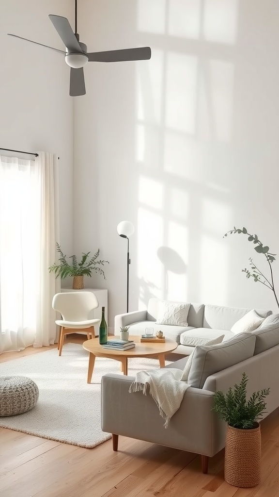 A serene Scandinavian living room featuring a gray sofa, wooden coffee table, plants, and ample natural light.