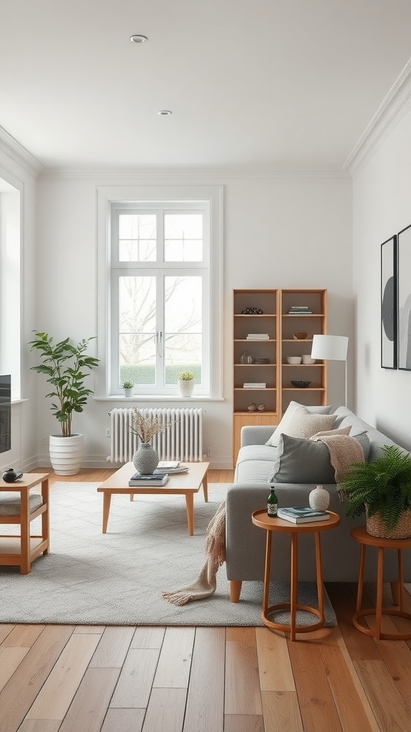 A bright Scandinavian style living room featuring a gray sofa, wooden furniture, and natural light.