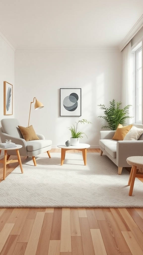 A cozy Scandinavian living room featuring a soft rug, modern furniture, and plants.