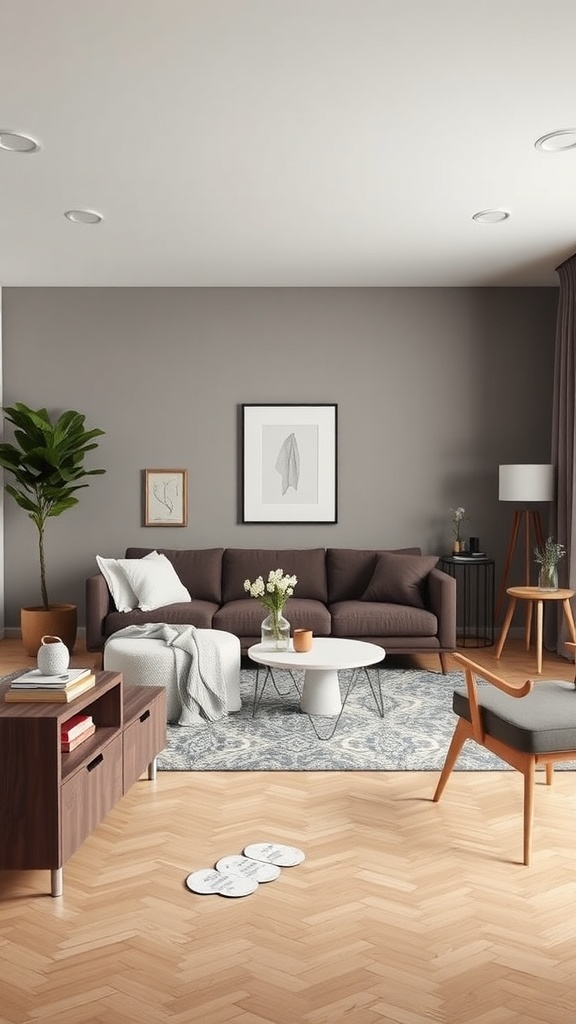 Scandinavian style living room featuring a dark brown sofa, light wooden floors, and minimalist decor.