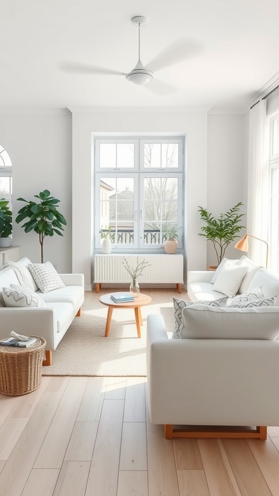 A bright Scandinavian style living room featuring white sofas, a wooden coffee table, and plants by the window.