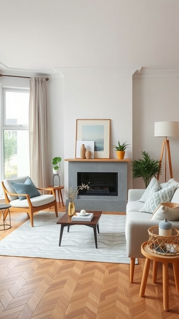 A Scandinavian-style living room featuring wooden furniture, light colors, and subtle gold accents.