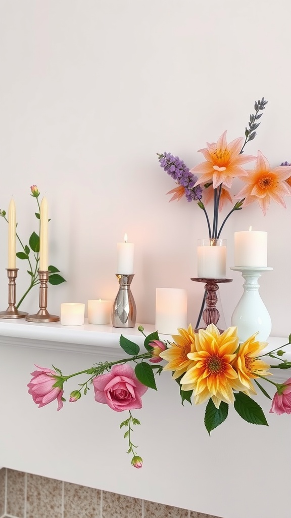 A summer mantel decorated with various scented candles and vibrant flowers.