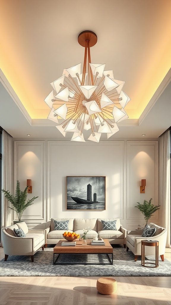 A modern living room featuring a sculptural ceiling light, elegant furniture, and decorative elements.