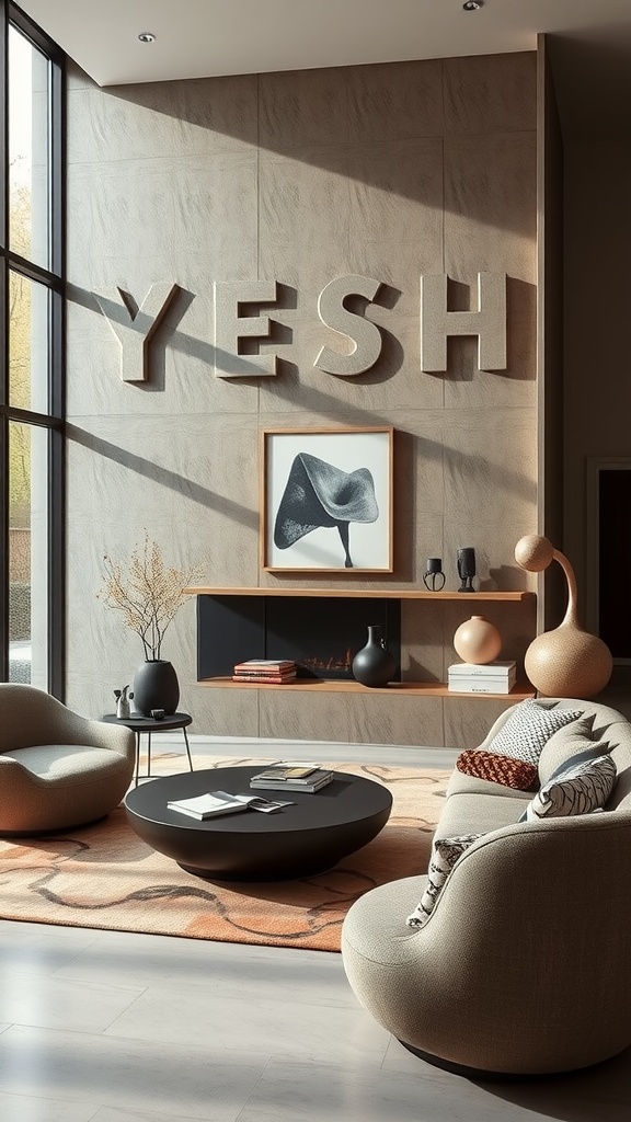 A modern living room featuring sculptural design elements with bold wall letters, unique artwork, and rounded furniture.