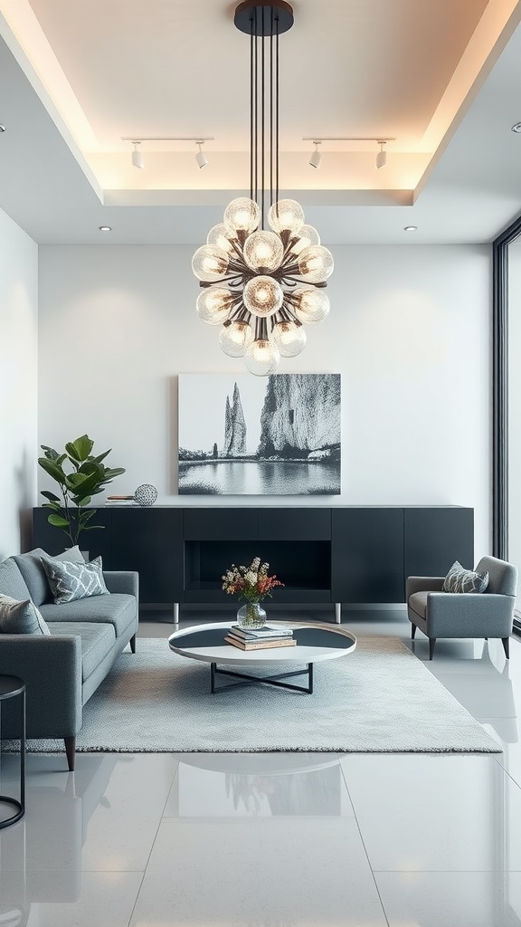 Modern living room featuring a sculptural light fixture with glass bulbs, stylish furniture, and a contemporary aesthetic.