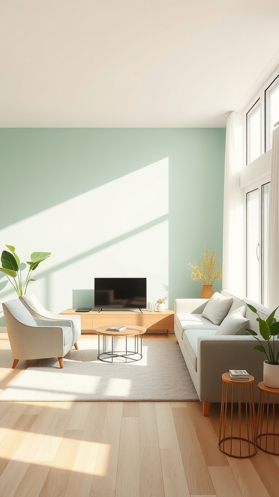 A living room with seafoam green accent wall, light furniture, and plants, bathed in natural light.