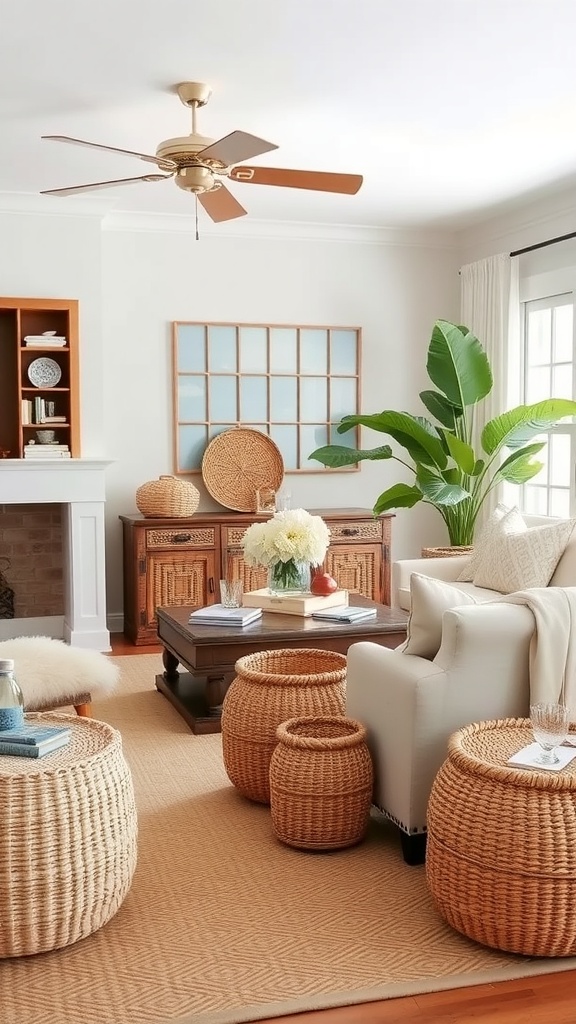 Coastal living room with seagrass baskets for storage