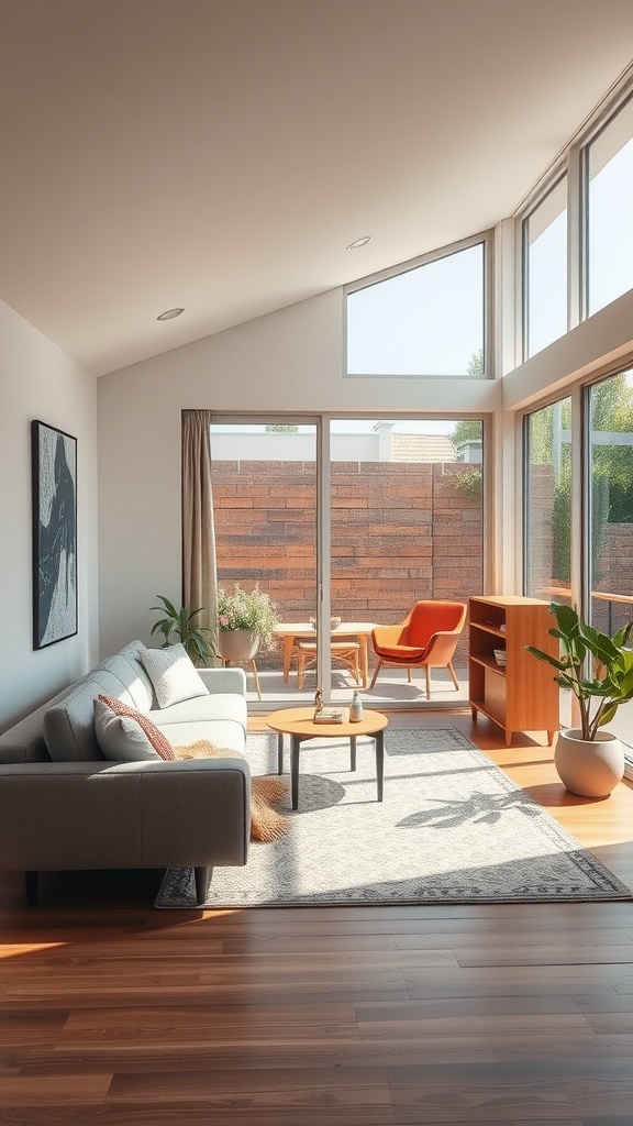 A small living room with large windows connecting to an outdoor space, featuring a cozy sofa, coffee table, and plants.