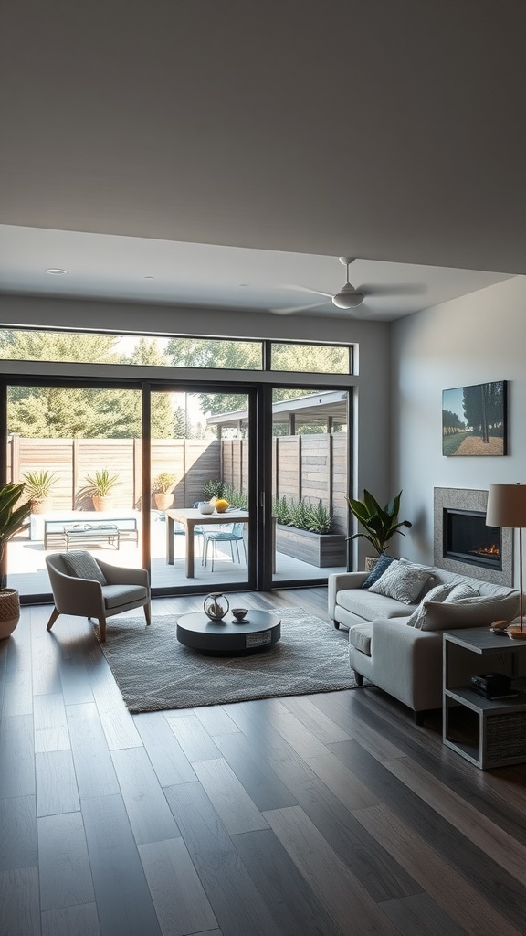 Open concept living room with seamless connection to outdoor patio through large glass doors.