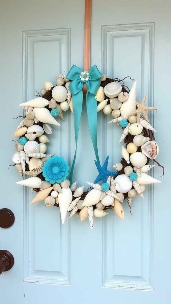 A seashell spring wreath adorned with turquoise ribbon on a blue door.