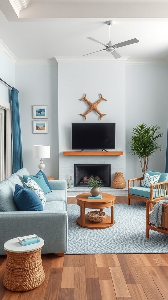 A living room with light blue walls, blue accent cushions on a sofa, wicker chairs, and coastal decorations.