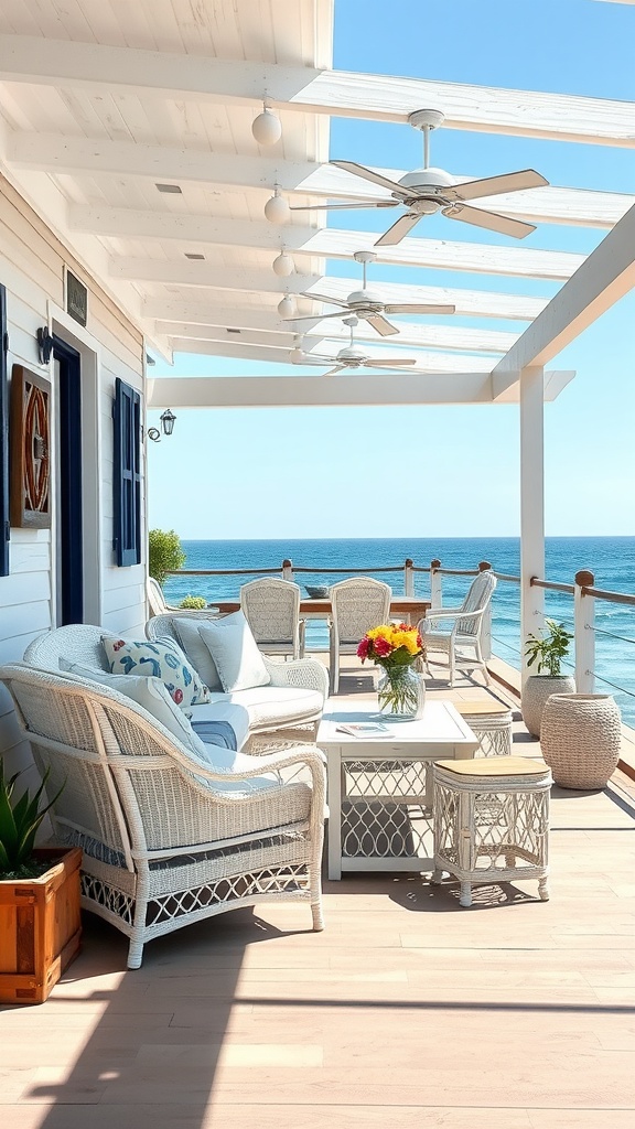 A serene seaside outdoor living room with wicker furniture and a beautiful ocean view.