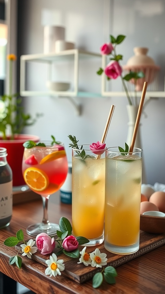 A beautifully arranged seasonal beverage station with colorful drinks, fresh flowers, and a cozy atmosphere.