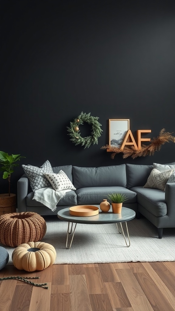 Cozy black living room with seasonal decor elements including a wreath, pumpkins, and stylish textiles.