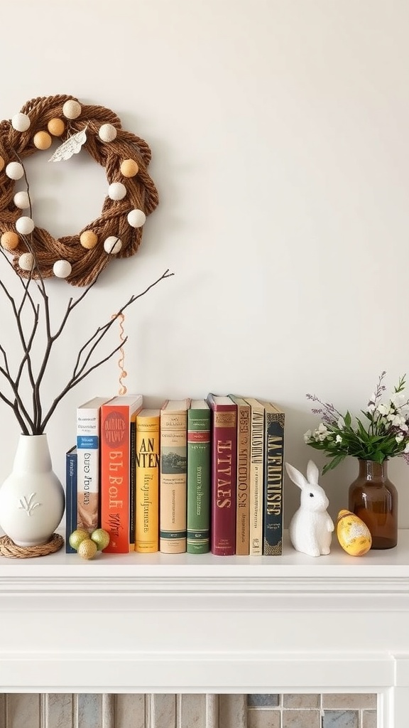 Easter mantel with vintage books, a white bunny, and decorative eggs