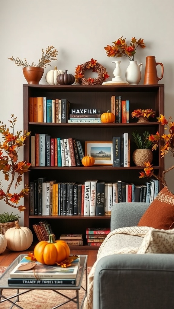 A cozy fall-themed bookshelf decorated with pumpkins, colorful leaves, and seasonal flowers.