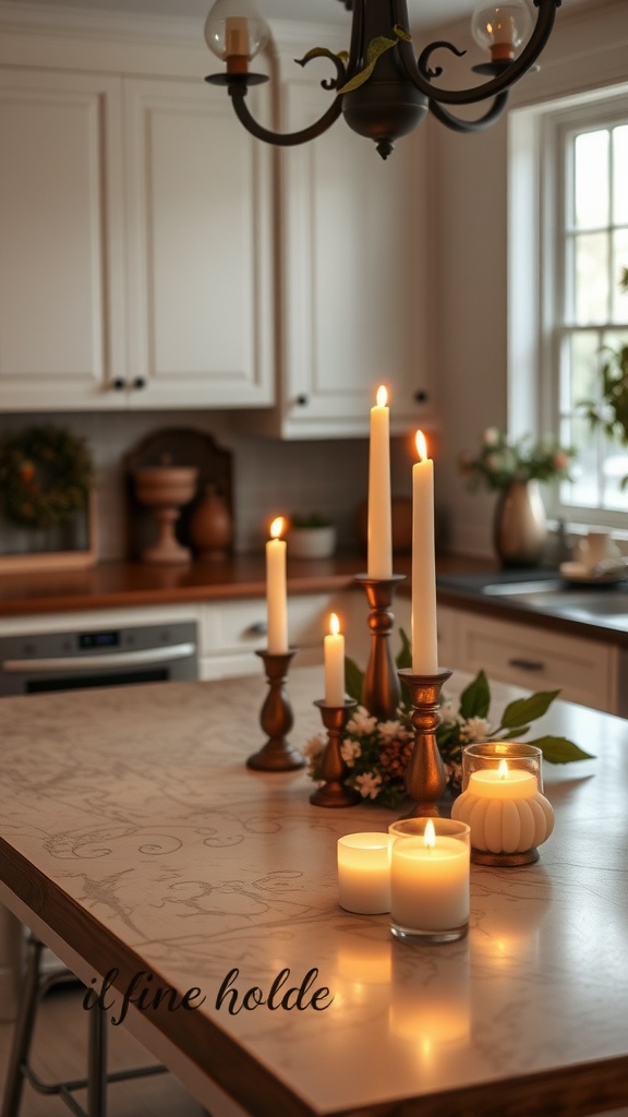 A kitchen island decorated with candles of various heights and styles, creating a warm atmosphere.