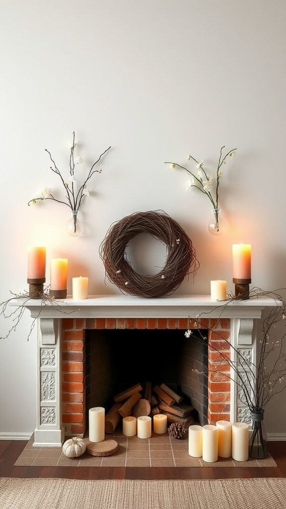 A cozy fireplace decorated with seasonal candles in soft hues, accompanied by a wreath and simple floral accents.