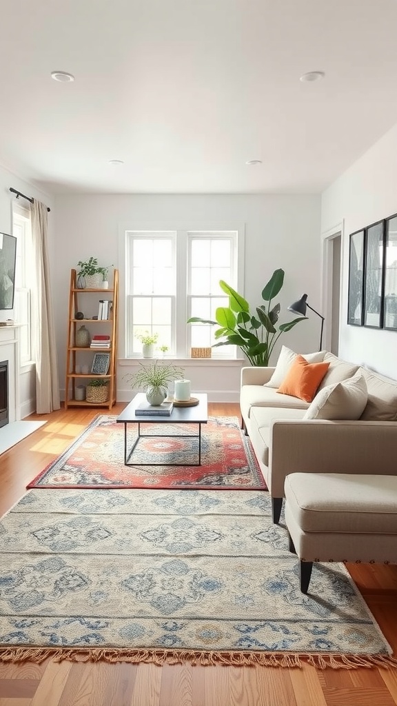 A cozy living room featuring two seasonal rugs: a blue and cream rug for spring/summer and a warm red rug for fall/winter.